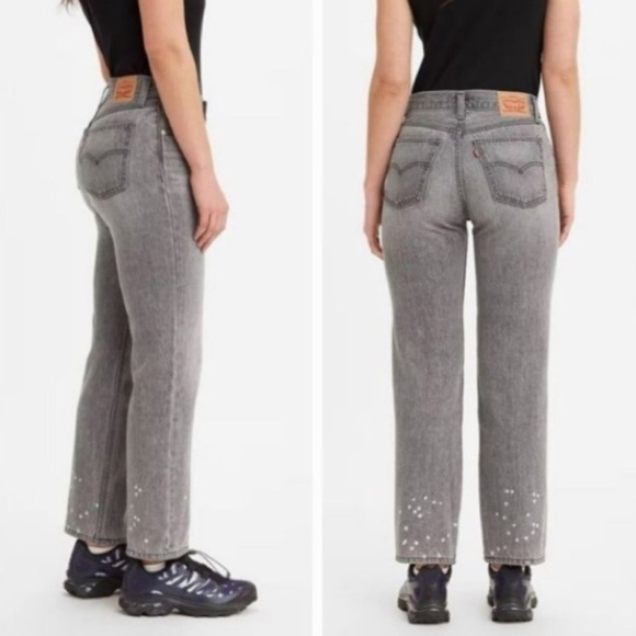 Levis Womn 31 Gray Denim Splatter Hem Slouchy Mid Rise Low Pro Straight Jean NWT - Picture 2 of 14